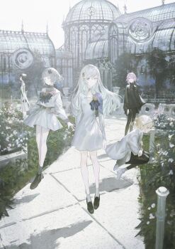 ankle_socks black_hair blonde_hair blue_eyes bow dress flagstone floating flower hair_ornament hairpin highres leaf loafers long_hair original pink_hair plant reoen shawl shoes short_hair side_part socks tree white_dress white_flower white_hair