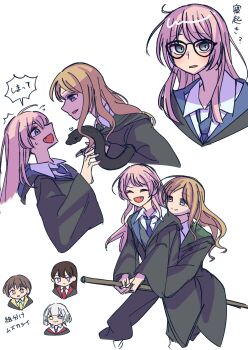 5girls absurdres bang_dream! bang_dream!_it&#039;s_mygo!!!!! blue_eyes blush broom brown_hair chihaya_anon commentary_request fang green_necktie grey_eyes harry_potter_(series) highres hogwarts_school_uniform kaname_raana long_hair multiple_girls nagasaki_soyo necktie open_mouth pink_hair school_uniform shibadooog shiina_taki takamatsu_tomori wizarding_world