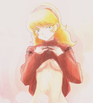 1girl blonde_hair blue_eyes breasts coat curvy cyborg cyborg_009 francoise_arnoul hairband half-closed_eyes hands_on_own_chest highres hip_focus long_hair looking_at_viewer medium_breasts nudist red_coat red_hairband sariokisu serious solo straight_hair upper_body
