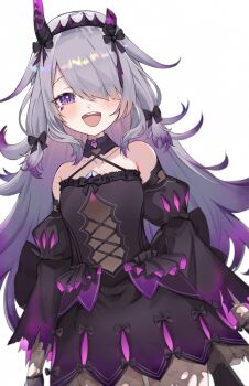 1girl absurdres black_dress blush broken_horn castellayaki chest_jewel commentary dress english_commentary hair_flaps hair_over_one_eye halterneck highres hololive hololive_english horns jewel_under_eye koseki_bijou koseki_bijou_(gore_magala) long_hair looking_at_viewer multicolored_hair official_alternate_costume purple_eyes purple_streaks sleeves_past_fingers sleeves_past_wrists streaked_hair teeth upper_teeth_only very_long_hair virtual_youtuber