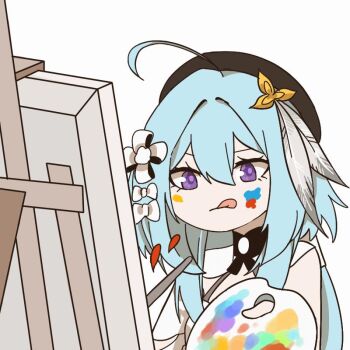 Rule 34 | 1girl, ahoge, beret, blue hair, canvas (object), cloud ya, commentary, dress, english commentary, flower, griseo, griseo (starry impression), hair flower, hair ornament, hat, holding, holding paint palette, holding paintbrush, honkai (series), honkai impact 3rd, long hair, paint palette, paint splatter, paint splatter on face, paintbrush, painting (action), purple eyes, second-party source, simple background, solo, tongue, tongue out, very long hair, white background, white dress