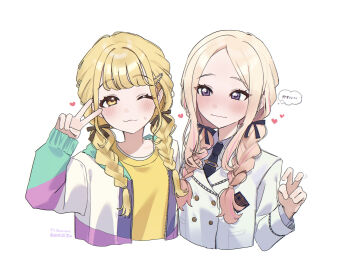 2girls :3 ;) black_ribbon blonde_hair braid brown_ribbon commentary_request fujita_kotone gakuen_idolmaster hair_ribbon heart highres idolmaster jacket juo_sena light_smile long_hair looking_at_another looking_at_viewer matching_hairstyle multicolored_jacket multiple_girls one_eye_closed ribbon shirt simple_background smile speech_bubble sweatdrop thought_bubble twin_braids ume_(yuuki-110813) upper_body v white_background white_jacket yellow_shirt