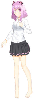 1girl absurdres alternate_costume animal_ears antenna_hair bare_legs barefoot black_skirt casual collared_shirt commentary_request fake_animal_ears full_body hair_ornament hairclip highres long_sleeves looking_at_viewer medium_hair otogi_lilu pleated_skirt purple_eyes purple_hair shirt shirt_tucked_in simple_background skirt smile solo standing tachikaze_(1428) virtual_youtuber wactor_production white_background white_shirt wing_collar