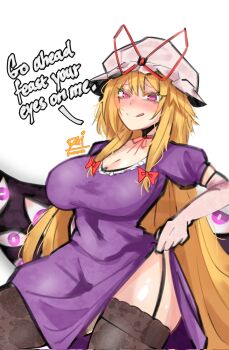 1girl :q akuouhh artist_name blonde_hair blush bow breasts brown_thighhighs cleavage clothes_lift commentary corrupted_twitter_file dress dress_lift english_commentary english_text eyelashes floral_print_thighhighs gap_(touhou) garter_straps hair_between_eyes hair_bow hat highres large_breasts long_hair looking_at_viewer messy_hair mob_cap pink_eyes purple_dress red_bow sidelocks signature simple_background skindentation smile solo thick_thighs thighhighs thighs tongue tongue_out tongue_up touhou twitter_username very_long_hair white_background white_hat yakumo_yukari zettai_ryouiki