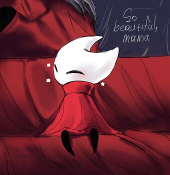 1girl aged_down black_skin boopie child cloak closed_eyes colored_skin facing_to_the_side happy highres hollow_knight hollow_knight:_silksong hornet_(hollow_knight) red_cloak sitting smile solo_focus