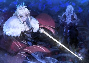 1boy 1girl ahoge armor blonde_hair braid breastplate cape commentary crown dark-skinned_male dark_skin facial_mark fate/grand_order fate_(series) fur-trimmed_cape fur_trim green_eyes hair_between_eyes hair_over_one_eye highres holding holding_sword holding_weapon long_hair looking_at_viewer lord_logres_(fate) single_braid smile solomon_(fate) sword symbol-only_commentary tattoo weapon white_hair woong.i
