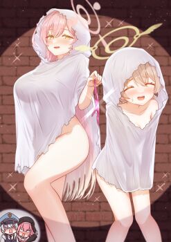 4girls absurdres ahoge blue_archive blush breasts brick_wall brown_hair cleavage closed_eyes gekikara_poteto ghost_costume green_eyes groin hair_intakes halo hanako_(blue_archive) hifumi_(blue_archive) highres holding holding_panties holding_underwear holding_unworn_clothes huge_breasts koharu_(blue_archive) long_hair looking_at_viewer multiple_girls nozomi_(blue_archive) open_mouth panties pink_hair pink_halo pink_panties smile sweatdrop thighs underwear watermark white_hood