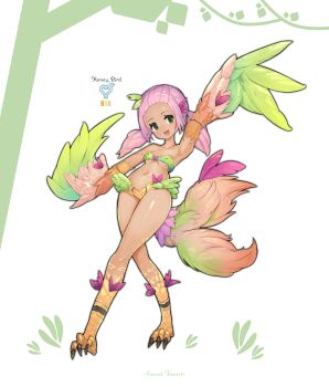 Rule 34 | 1girl, absurdres, armpits, bare shoulders, bird legs, bird tail, breasts, brown feathers, color guide, commentary request, dark skin, digitigrade, english text, feather hair ornament, feathered wings, feathers, full body, grass, green eyes, green feathers, hair ornament, harpy, highres, leaf hair ornament, logo, looking at viewer, medium hair, monster girl, navel, open mouth, organic bra, original, pink feathers, pink hair, shitoi (aqua1487), sidelocks, simple background, small breasts, smile, solo, tail, talons, thick thighs, thighs, tree, twintails, two-tone wings, underboob, white background, winged arms, wings