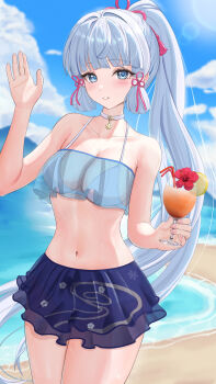 Rule 34 | 1girl, absurdres, ayaka (genshin impact), bare shoulders, beach, bikini, blue eyes, blue skirt, blue sky, blush, cloud, cowboy shot, cup, cupping glass, day, drinking straw, flower, food, fruit, genshin impact, grey hair, hair intakes, highres, holding, holding cup, ituka kanau, lemon, lemon slice, long hair, looking at viewer, miniskirt, navel, ocean, parted lips, ponytail, red flower, see-through clothes, skirt, sky, solo, stomach, swimsuit, thighs, very long hair, water