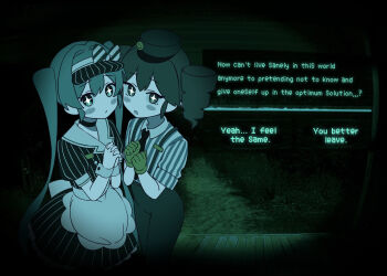 +_+ 2girls blush_stickers crossover dress drill_hair english_text fake_screenshot gloves hat hatsune_miku kasane_teto long_hair looking_at_viewer medium_hair mesmerizer_(vocaloid) multiple_girls necktie night no_i&#039;m_not_a_human outdoors overalls pinstripe_dress pinstripe_pattern pinstripe_shirt shirt tamakiwachi twin_drills twintails user_interface very_long_hair visor_cap vocaloid