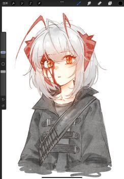 1girl ahoge antenna_hair arknights arrow_(symbol) art_program_in_frame black_jacket bleeding blood blood_from_forehead blood_on_face cropped_torso grey_hair highres injury jacket looking_at_viewer multicolored_hair orange_eyes parted_lips procreate_(software) red_hair short_hair softtoast solo streaked_hair unfinished w_(arknights)