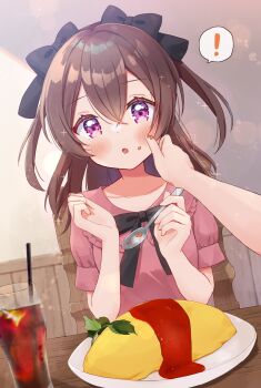 Rule 34 | 1boy, 1girl, :o, absurdres, black bow, black bowtie, bow, bowtie, brown hair, chair, collar, collared shirt, commentary, cup, delicious party precure, drinking glass, dutch angle, food, food on face, frilled collar, frills, hair bow, highres, hiiragi syuu, holding, holding spoon, indoors, looking at viewer, medium hair, nagomi yui, omelet, omurice, open mouth, pink shirt, plate, pov, precure, purple eyes, shinada takumi, shirt, short sleeves, sitting, sparkle, spoon, table, twitter username, two side up, wooden chair, wooden table