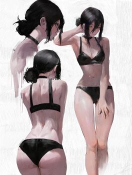 1girl absurdres armpits ass back black_bra black_choker black_hair black_panties bra breasts brush_stroke chainsaw_man choker cleavage commentary daodtt green_eyes hair_bun hand_in_own_hair hand_on_own_thigh highres median_furrow medium_hair multiple_views navel panties reze_(chainsaw_man) shoulder_blades sidelocks signature smile solo symbol-only_commentary traditional_media underwear underwear_only