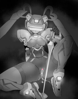 1girl android blush breasts censored cum cum_in_pussy cumdrip fei-yen greyscale heart heart_censor heart-shaped_hair holding holding_sword holding_weapon looking_at_viewer medium_breasts monochrome nude pochincoff pussy robot sitting solo spread_legs sweat sword twintails virtual_on weapon