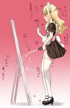 1boy apron back_bow bar_censor black_shoes block_heels blonde_hair blunt_bangs blush bow brown_dress brown_eyes bulge cellphone censored clothes_lift crossdressing crossdressing_(mtf) cum cum_on_floor cum_on_self cum_on_shoe dress dress_lift ejaculation erection erection_under_clothes frilled_apron frilled_headwear frills full-length_mirror furrowed_brow hair_ornament hairclip half_updo hands_up heart highres holding holding_phone legs_together long_hair long_sidelocks looking_at_mirror maid maid_apron maid_headdress makeup male_focus male_masturbation masturbation minase_(takaoka_nanase) mirror moaning motion_lines notice_lines open_mouth original parted_lips penis phone pink_bow projectile_cum puffy_sleeves raised_inner_eyebrows recording ribbon-trimmed_headwear ribbon_trim shoes short_dress short_sleeves sidelocks simple_background smartphone solo sound_effects standing sweatdrop testicles thighhighs thighs tongue tongue_out translated trap twitching v variant_set wavy_hair white_apron white_thighhighs white_wrist_cuffs wrist_cuffs zettai_ryouiki