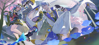 1boy 1girl absurdres agemaki_knot arm_up armor asymmetrical_armor ayaka_(genshin_impact) black_armor black_footwear black_gloves black_vest blue_eyes blue_flower blue_hair blue_jacket blue_skirt blunt_bangs blunt_tresses breastplate brother_and_sister building chinese_knot dou dragon eastern_dragon falling_petals flower flower_knot folding_fan genshin_impact gloves gold_choker gold_trim hair_between_eyes hair_ornament hair_ribbon hand_fan hand_up haran_geppaku_futsu_(genshin_impact) highres holding holding_fan holding_sword holding_weapon jacket japanese_armor jtsl0 kamisato_ayato kamisato_clan_(emblem) kusazuri long_hair long_sleeves looking_at_another mole mole_under_eye mole_under_mouth neck_tassel on_one_knee outdoors pants partially_fingerless_gloves petals pink_petals pink_ribbon ponytail popped_collar purple_eyes purple_shirt ribbon shirt shoes short_hair shoulder_armor siblings single_sode skirt sode standing sword tassel tree tress_ribbon vest weapon white_jacket white_pants wide_sleeves