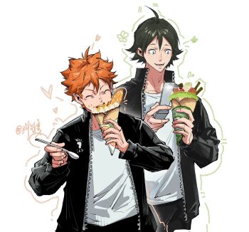 2boys ^_^ black_hair closed_eyes commentary cowboy_shot crepe eating food freckles haikyuu!! hair_between_eyes highres hinata_shouyou holding holding_crepe holding_food holding_phone holding_spoon jacket multiple_boys orange_hair phone shirt short_hair simple_background spoon symbol-only_commentary taking_picture track_jacket white_background white_shirt yamaguchi_tadashi yuan_jessie0430