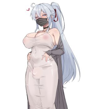 Rule 34 | 1futa, absurdres, blue eyes, blue hair, blush, breasts, bulge, choker, coat, dress, futanari, heart, highres, imkay 3, large breasts, long hair, mask, nipples, testicles, tight clothes