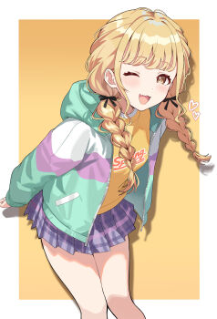 1girl ;d absurdres aweqdre bare_legs black_ribbon blonde_hair blue_skirt blush border braid commentary_request fang feet_out_of_frame fujita_kotone gakuen_idolmaster hair_ribbon heart highres hood hooded_jacket idolmaster jacket long_hair long_sleeves looking_at_viewer miniskirt multicolored_jacket one_eye_closed open_mouth outside_border plaid_clothes plaid_skirt pleated_skirt ribbon shirt simple_background skin_fang skirt smile solo twin_braids white_border yellow_background yellow_eyes yellow_shirt