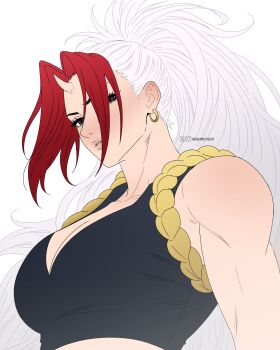 1girl black_eyes breasts cleavage crop_top expressionless eyelashes hair_ornament hidari_(yomi_no_tsugai) horns iamosix2 instagram_username multicolored_hair muscular muscular_female nails parted_lips red_hair rope sash shimenawa shirt single_horn solo spiked_hair thick_lips twitter_username white_background white_hair yomi_no_tsugai