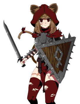 1girl absurdres animal_ears armor bad_id bad_tumblr_id belt breastplate brown_hair closed_mouth ears_through_headwear female_focus fighting_stance highres holding holding_sword holding_weapon hood hood_up mouse_ears mouse_girl mouse_tail original pelvic_curtain red_eyes red_thighhighs reddgeist scar scar_on_leg shield simple_background skaven solo spikes standing sword tail thighhighs torn_clothes torn_thighhighs vambraces vermintide vermintide_2 warhammer_fantasy weapon white_background