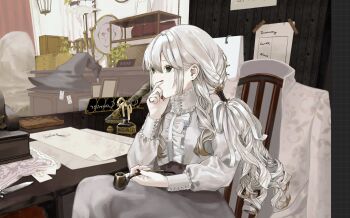 Rule 34 | 1girl, amazu (uzu amazu), black corset, center frills, chair, commentary request, corset, cowboy shot, drill hair, earrings, fingernails, frilled shirt, frills, green eyes, grey skirt, hand on own chin, hat, highres, holding, holding smoking pipe, indoors, jacket, jewelry, long hair, long skirt, long sleeves, nail polish, on chair, original, paper, price tag, quill, red nails, ring, shirt, shop, sitting, skirt, smoking pipe, solo, stud earrings, table, thinking, unworn hat, unworn headwear, unworn jacket, white hair, white shirt, witch hat, wrist cuffs