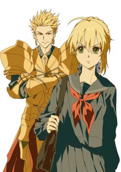 0304rong0304 1boy 1girl absurdres ahoge armor artoria_pendragon_(fate) bag black_serafuku blonde_hair braid capsule_servant commentary_request crossed_arms earrings fate/stay_night fate_(series) frown gauntlets gilgamesh_(fate) gold_armor green_eyes hair_ribbon highres holding holding_bag jewelry korean_commentary master_artoria neckerchief red_neckerchief ribbon school_uniform serafuku v-shaped_eyebrows