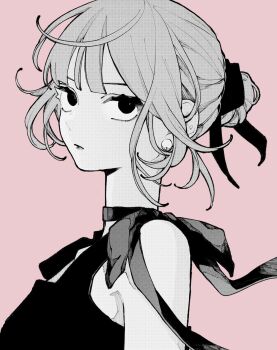 1girl blunt_bangs choker closed_mouth commentary earrings fall_in_love_you_false_angels greyscale_with_colored_background hair_bun hashtag-only_commentary highres jewelry katsura_otogi pearl_earrings pink_background profile sidelocks simple_background solo symbol-only_commentary upper_body uzcoco_66