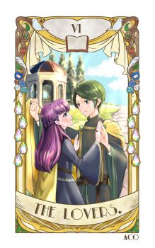 1boy 1girl absurdres black_robe blue_eyes braid cape card_(medium) commentary_request cornelius_(honzuki_no_gekokujou) day eye_contact gazebo green_hair hetero highres holding_hands honzuki_no_gekokujou jewelry leonore_(honzuki_no_gekokujou) long_hair looking_at_another outdoors purple_hair ring robe standing tarot tarot_(medium) uminoakikan wide_sleeves yellow_cape