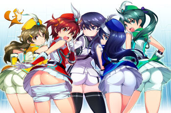 >:( 5girls akanbe angry ass bike_shorts black_hair black_legwear blue_eyes blue_hair blush brown_hair butt_crack clothes_pull commentary_request d: d:< eyelid_pull frown futaba_aoi_(vividred_operation) gloves green_eyes green_hair hair_ornament hairclip hat hat_feather isshiki_akane kuroki_rei lineup long_hair looking_at_viewer looking_back michairu mooning multiple_girls open_mouth otter palette_suit ponytail purple_eyes red_eyes red_hair saegusa_wakaba scrunchie shinomiya_himawari short_hair short_shorts short_twintails shorts shorts_pull skirt thighhighs tongue tongue_out twintails uso-kun v-shaped_eyebrows vividred_operation yellow_eyes