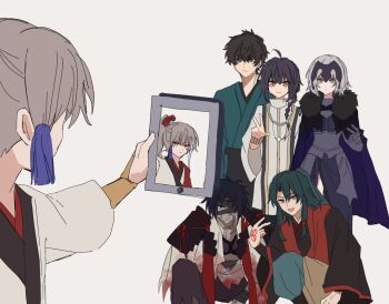 1girl 1other 4boys amulet androgynous archer_(fate/samurai_remnant) arm_guards armor bandage_over_one_eye bandaged_head bandages black_armor black_bandages black_hair black_hakama black_hanfu blood blood_on_clothes blue_kimono bracelet cape chiemon_(fate) chinese_clothes chinese_hairpin command_spell fate/samurai_remnant fate_(series) fur-trimmed_cape fur_trim green_hair grey_hair group_picture hair_intakes hair_ornament hakama hanfu headpiece high_ponytail highres holding holding_phone holding_tablet_pc japanese_armor japanese_clothes jeanne_d'arc_(fate) jeanne_d'arc_alter_(fate) jeanne_d'arc_alter_(lancer)_(fate) jewelry k_7s kimono long_sidelocks looking_at_phone low-tied_sidelocks miyamoto_iori_(fate) multicolored_hair multiple_boys necklace orange_eyes phone plackart ponytail red_hanfu selfie selfie_prank shoulder_armor sidelocks simple_background sode squatting streaked_hair tablet_pc taking_picture tassel tassel_hair_ornament topknot torn_cape torn_clothes v white_hair white_hanfu xiao_guan_(headdress) yamato_takeru_(fate) yellow_eyes zheng_chenggong_(fate)