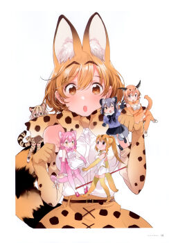 6+girls absurdres animal_ears apron belt blonde_hair bow bowtie caracal_(kemono_friends) cat_ears cat_girl cat_tail common_raccoon_(kemono_friends) elbow_gloves extra_ears fly_(marguerite) glasses gloves golden_snub-nosed_monkey_(kemono_friends) grey_hair highres kemono_friends leotard long_hair looking_at_viewer margay_(kemono_friends) monkey_ears monkey_girl monkey_tail multiple_girls non-web_source official_art one_eye_closed orange_hair panther_ears panther_girl panther_tail pantyhose peach_panther_(kemono_friends) pink_hair raccoon_ears raccoon_girl raccoon_tail ribbon serval_(kemono_friends) shirt shoes short_hair simple_background skirt sleeveless sleeveless_shirt tail thighhighs weapon yellow_eyes