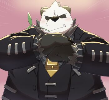 black_fur black_jacket claws commentary_request cosplay cracking_knuckles emu_426 fang fang_out gen_6_pokemon highres jacket looking_at_viewer mouth_hold multicolored_fur nintendo pangoro philippe_(pokemon) philippe_(pokemon)_(cosplay) pokemon pokemon_(creature) pokemon_legends:_z-a stalk_in_mouth white_fur