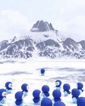 bird blue_feathers cloud commentary crowd english_commentary feathers from_behind gen_4_pokemon highres looking_at_another meme mountain mt._coronet nintendo no_humans outdoors penguin_walking_toward_mountain_(meme) piplup pokemon pokemon_(creature) pokemon_focus rivalclay snow solo_focus walking