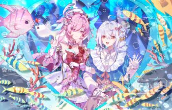 2girls ahoge aquarium beret breasts chinese_commentary commentary_request diamond-shaped_pupils diamond_(shape) dress elysia_(hi_love_elf)_(honkai_impact) elysia_(honkai_impact) fish gloves hat honkai_(series) honkai_impact_3rd large_breasts long_hair multicolored_hair multiple_girls original pink_dress pink_hair purple_eyes red_dress red_eyes smile symbol-shaped_pupils two-tone_hair very_long_hair watermark white_dress white_gloves white_hair zhui_ming_jin_ge