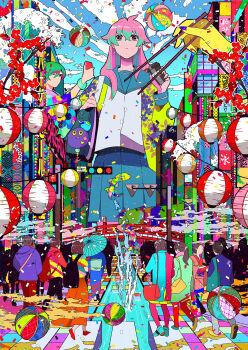 6+girls ball blue_sailor_collar blue_skirt branch bridge building chopsticks cloud cup day disposable_coffee_cup disposable_cup fish highres holding holding_cup lantern magatan multiple_girls original paper_lantern people pink_hair sailor_collar skirt standing traffic_light waves