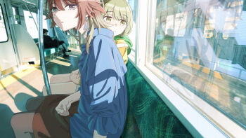 1other 2girls aketa_mikoto blouse blue_eyes blue_shirt blush brown_eyes brown_hair brown_sweater building clenched_hand clenched_hands closed_mouth earrings fingernails green_eyes green_hair hand_on_own_thigh hands_on_own_thighs heterochromia highres hood hoodie idolmaster idolmaster_shiny_colors indoors jewelry looking_back looking_to_the_side medium_hair multicolored_hair multiple_girls nanakusa_nichika open_mouth photo_background red_hair red_skirt reflection shirt short_hair sitting skirt sweater takada_(pixiv_97599311) train train_interior window