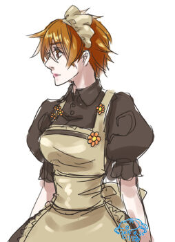 1girl apron breasts brown_apron brown_dress closed_mouth commentary_request cowboy_shot dress expressionless kafra_uniform lips looking_afar maid maid_headdress medium_breasts one-hour_drawing_challenge orange_eyes orange_hair puffy_short_sleeves puffy_sleeves ragnarok_online roxie_(ragnarok_online) short_hair short_sleeves simple_background solo toriria white_background