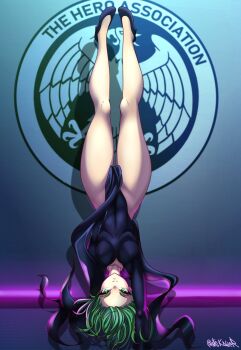 1girl artist_name black_dress black_footwear breasts collarbone covered_navel curly_hair dress green_eyes green_hair handstand headstand high_heels highres itskawer legs long_sleeves looking_at_viewer lycoris_challenge_(meme) lycoris_recoil meme no_panties one-punch_man one_arm_handstand parody scene_reference skin_tight small_breasts smile tatsumaki thick_thighs thigh_gap thighs upside-down