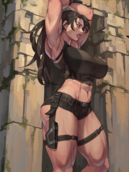 1girl abs armpits arms_up biceps breasts brown_hair day feet_out_of_frame from_side green_eyes holster huge_breasts lara_croft lips long_hair midriff muscular muscular_female outdoors paid_reward_available parted_lips short_shorts shorts solo standing stomach tank_top thick_thighs thigh_holster thigh_strap thighs tomb_raider xxoom