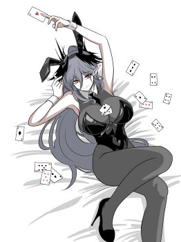 1girl absurdres ace_(playing_card) ace_of_clubs ace_of_diamonds ace_of_hearts ace_of_spades animal_ears arknights bare_shoulders between_breasts black_bodystocking black_leotard black_necktie black_shoes bodystocking breasts card choebal1356201 club_(shape) commentary detached_collar diamond_(shape) fake_animal_ears five_of_diamonds five_of_hearts four_of_clubs four_of_diamonds four_of_spades grey_hair heart high_heels highres holding holding_card horns laqeramaline_(arknights) large_breasts leotard long_hair looking_at_viewer lying necktie necktie_between_breasts object_on_breast on_back pantyhose playboy_bunny playing_card pointy_ears ponytail rabbit_ears red_eyes seven_of_diamonds shoes smile solo spade_(shape) strapless strapless_leotard three_of_clubs three_of_diamonds three_of_hearts very_long_hair white_wrist_cuffs wrist_cuffs