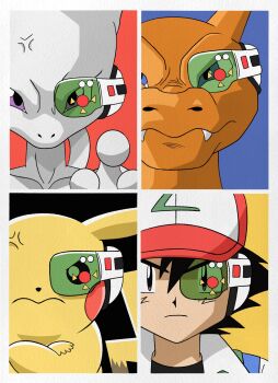 1boy anger_vein ash_ketchum baseball_cap black_hair blue_eyes brown_eyes charizard closed_mouth crossed_arms dragon_ball dragonball_z fangs gen_1_pokemon hat highres legendary_pokemon looking_at_viewer mewtwo nintendo pikachu pokemon pokemon_(anime) pokemon_(creature) purple_eyes scouter shirt tail wesatinthecar zooming_in