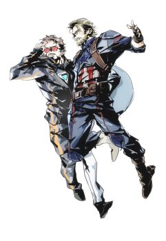 Rule 34 | 2boys, 4istfuerimmer, arc reactor, avengers: infinity war, avengers (series), beard, belt, black hair, black jacket, black pants, black shirt, black shoes, blonde hair, blue bodysuit, blue eyes, bodysuit, boots, brown belt, brown boots, brown gloves, captain america, chinese commentary, closed mouth, commentary request, facial hair, fingerless gloves, full body, gloves, grey-framed eyewear, hand up, highres, hood, hooded jacket, jacket, long sleeves, looking to the side, male focus, marvel, multiple boys, open clothes, open jacket, pants, pocket, puffy long sleeves, puffy sleeves, red-tinted eyewear, shirt, shoes, short hair, simple background, star (symbol), steve rogers, striped bodysuit, superhero costume, t-shirt, teeth, tinted eyewear, tony stark, v-shaped eyebrows, white background