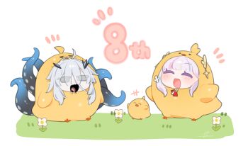 :d absurdres anniversary azur_lane chibi chibi_only closed_eyes cosplay fancy_(azur_lane) fang flower grey_eyes highres light_blush manjuu_(azur_lane) manjuu_(azur_lane)_(cosplay) messy_hair notice_lines ohisashiburi open_mouth pink_hair plymouth_(azur_lane) simple_background skin_fang smile tentacle_tongue tentacles tongue tongue_out white_background white_flower white_hair