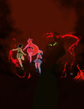 1boy 3girls aura black_background black_hair blonde_hair blossom_(ppg) blue_dress bow bubbles_(ppg) buttercup_(ppg) crab_claw demon demon_boy dress energy facing_viewer fog from_behind giant glowing glowing_eyes green_dress green_eyes hair_bow highres him_(powerpuff_girls) long_hair multiple_girls natsuki67 orange_hair pink_dress powerpuff_girls red_background shadowed short_hair silhouette size_difference sleeveless