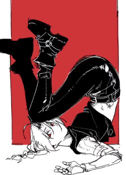 1boy ahoge black_boots black_pants black_tank_top boots border braid edward_elric feet_up full_body fullmetal_alchemist hair_between_eyes highres long_hair looking_at_viewer male_focus mechanical_arms midriff monochrome no_mouth pants parted_bangs red_background red_eyes single_braid single_mechanical_arm sketch solo tank_top white_border yeknnnnn