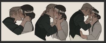 2boys bandaged_head bandages bindi black_hair black_shirt black_vest blonde_hair blue_eyes blush closed_eyes collar face-to-face final_fantasy final_fantasy_vii final_fantasy_vii:_advent_children final_fantasy_vii_remake framed french_kiss grey_background grey_shirt hand_on_another's_cheek hand_on_another's_chin hand_on_another's_face hand_on_another's_head hand_on_another's_neck hand_on_another's_waist highres kiss kissing_cheek long_hair looking_at_another male_focus multiple_boys pants red_eyes rufus_shinra shirt short_hair simple_background square_enix tseng turks_(ff7) vest white_pants wing_collar yaoi