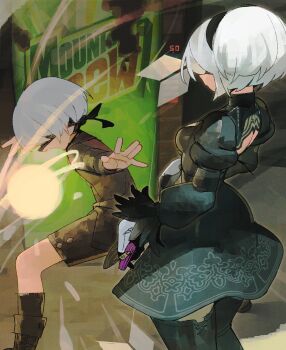 1boy 1girl 2b_(nier:automata) 9s_(nier:automata) black_gloves blindfold boots breasts covered_eyes dress feather-trimmed_sleeves gloves hairband highres mountain_dew nier:automata nier_(series) open_mouth profile short_hair thighhighs vending_machine wamudraws white_hair