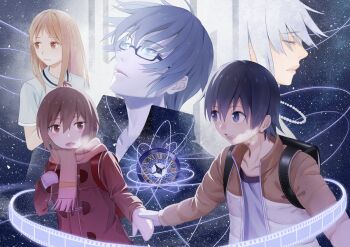 1boy 3girls black_hair blue_eyes boku_dake_ga_inai_machi brown_eyes brown_hair clock closed_mouth collarbone commentary_request dual_persona film_strip fujinuma_sachiko fujinuma_satoru grey_hair grey_shirt hair_between_eyes hinazuki_kayo holding_hands kanda_kou katagiri_airi looking_at_another multiple_girls open_mouth parted_lips pink_scarf rectangular_eyewear scarf shirt short_hair sky star_(sky) starry_sky