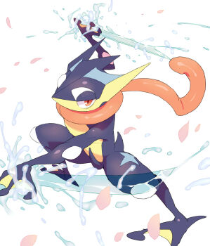 1other dual_wielding full_body furry gen_6_pokemon greninja holding holding_sword holding_weapon hydrokinesis liquid_weapon nintendo pokemon pokemon_(creature) purasu_no_konbu red_eyes simple_background solo sword water water_drop weapon white_background